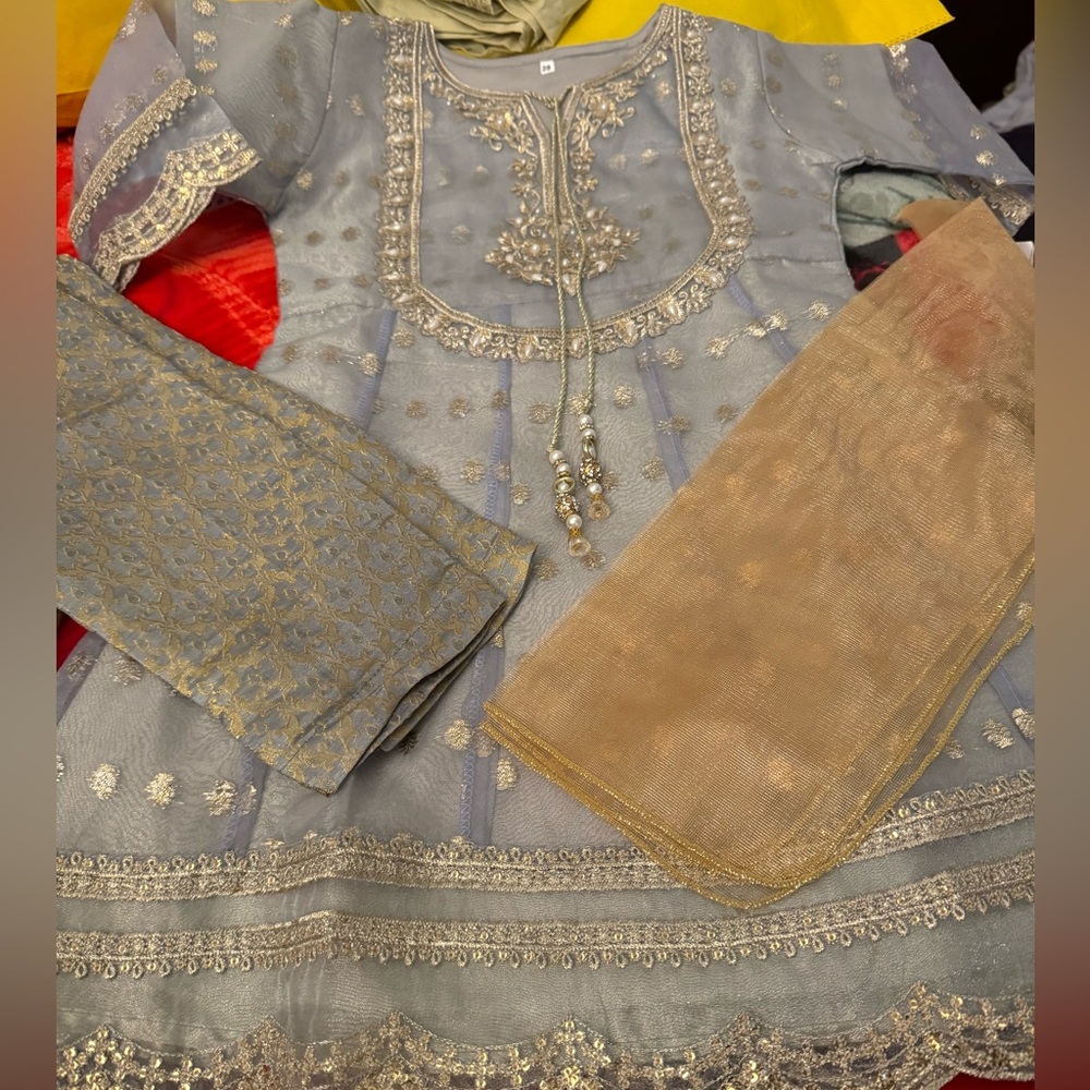 Girls' Formal Embroidered Anarkali in Dusty Blue with Gold Accents